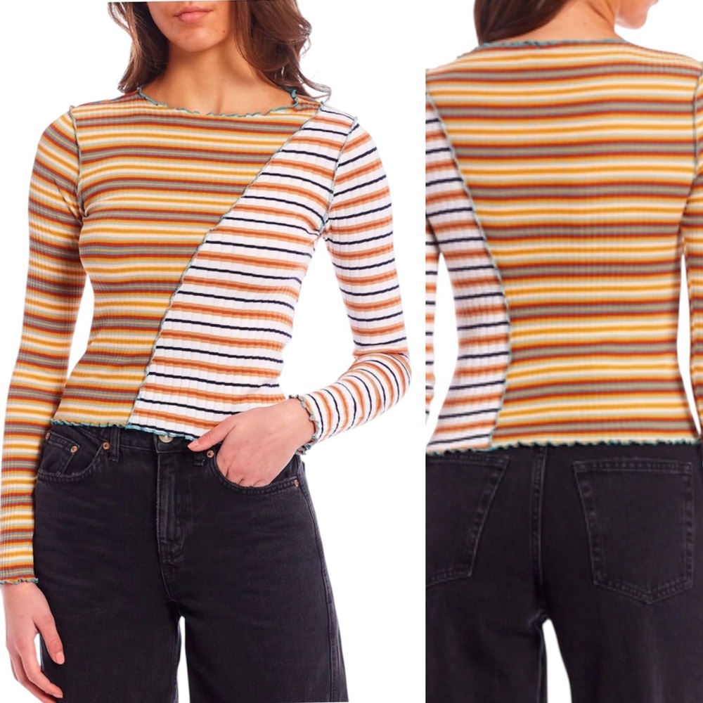 BDG Urban Outfitters Striped Long Sleeve Top Lettuce Edge Asymmetrical Size L